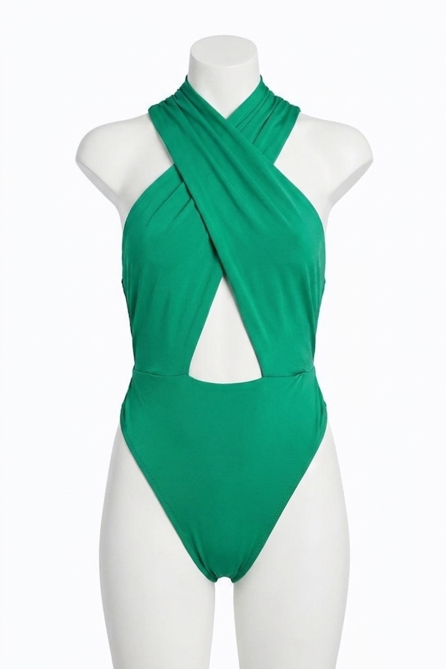 NEW RONNY KOBO tara cross-front slinky jersey bodysuit in poison green